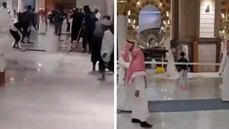 فيديو نافورة مياه كبيرة تنفجر في المسجد النبوي في المدينة المنورة بسبب الأمطار الغزيرة 
