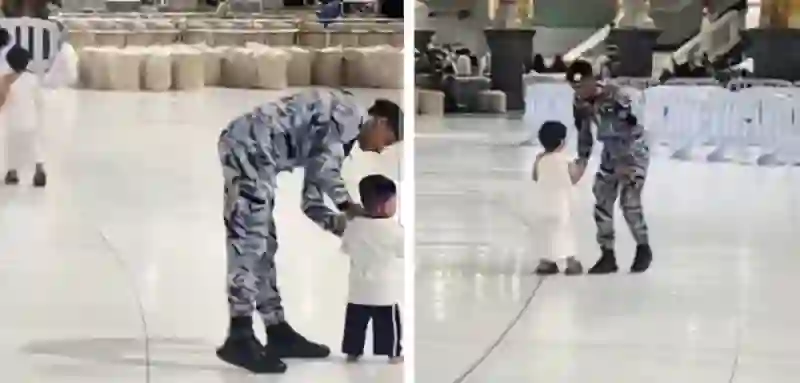 فيديو يأسر قلوب المواطنين والمقيمين لرجل الأمن صديق الأطفال في المسجد الحرام هكذا كان يعاملهم صباح العيد 