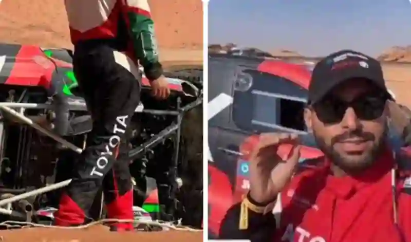 فيديو لحظة انقلاب سيارة يزيد الراجحي وهو مصفي الطبلون في رالي دكار