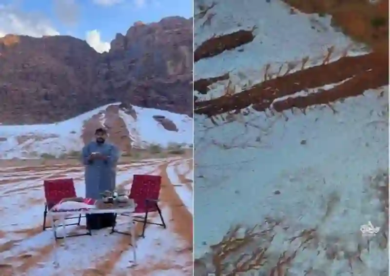 مشاهد مذهلة من جبال تبوك والثلوج تغطيها باللون الأبيض الناصع 