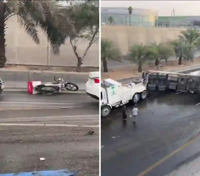 فيديو يوثق انشطار شاحنة إلى قسمين بعد تصادم مع دباب توصيل في شارع بالرياض