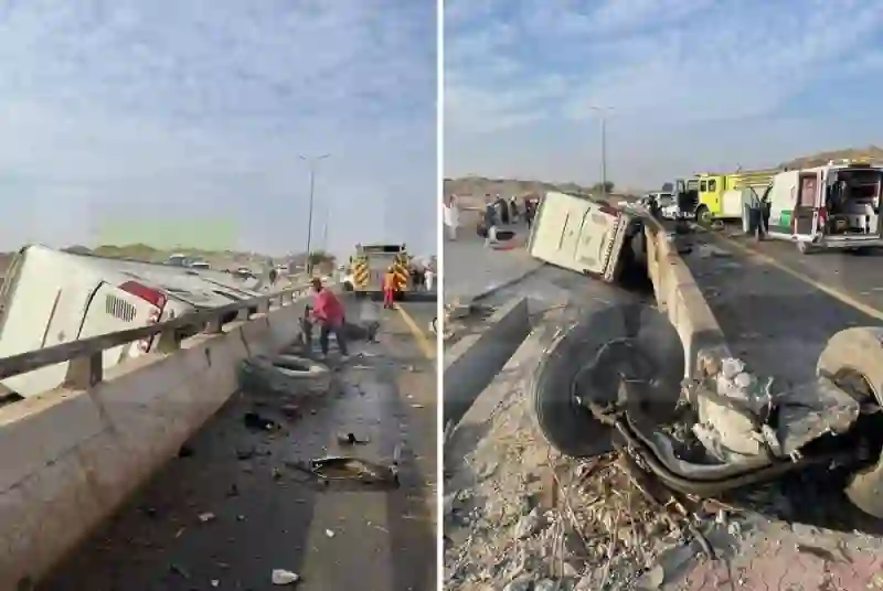 مشاهد جديدة لحظة انقلاب باص يحمل طالبات من جامعة بيشة ومصرع السائق وإصابة عدد من الطالبات 