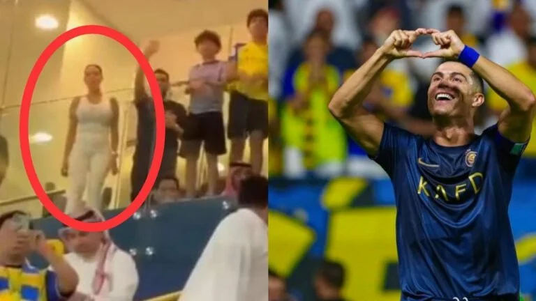 شاهد جورجينا رودريغيز تحتفل بفوز حبيبها كريستيانو رونالدو مع النصرعلى الشباب والنجم يشعل السعودية بحركة جريئة من اصابعه لجورجينا 